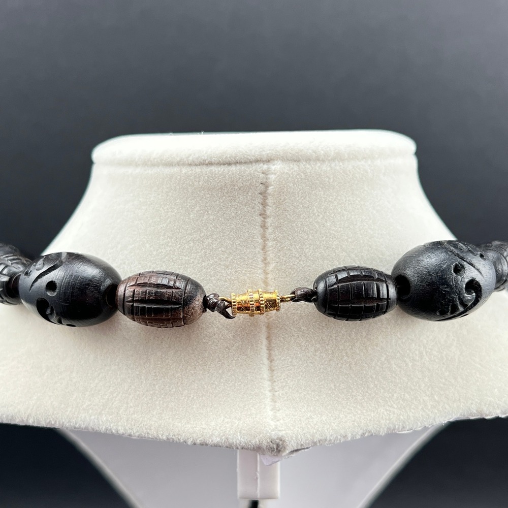 Vintage Beaded Necklace Hand Carved Wood Brown Tribal Boho 17" - Picture 3 of 9